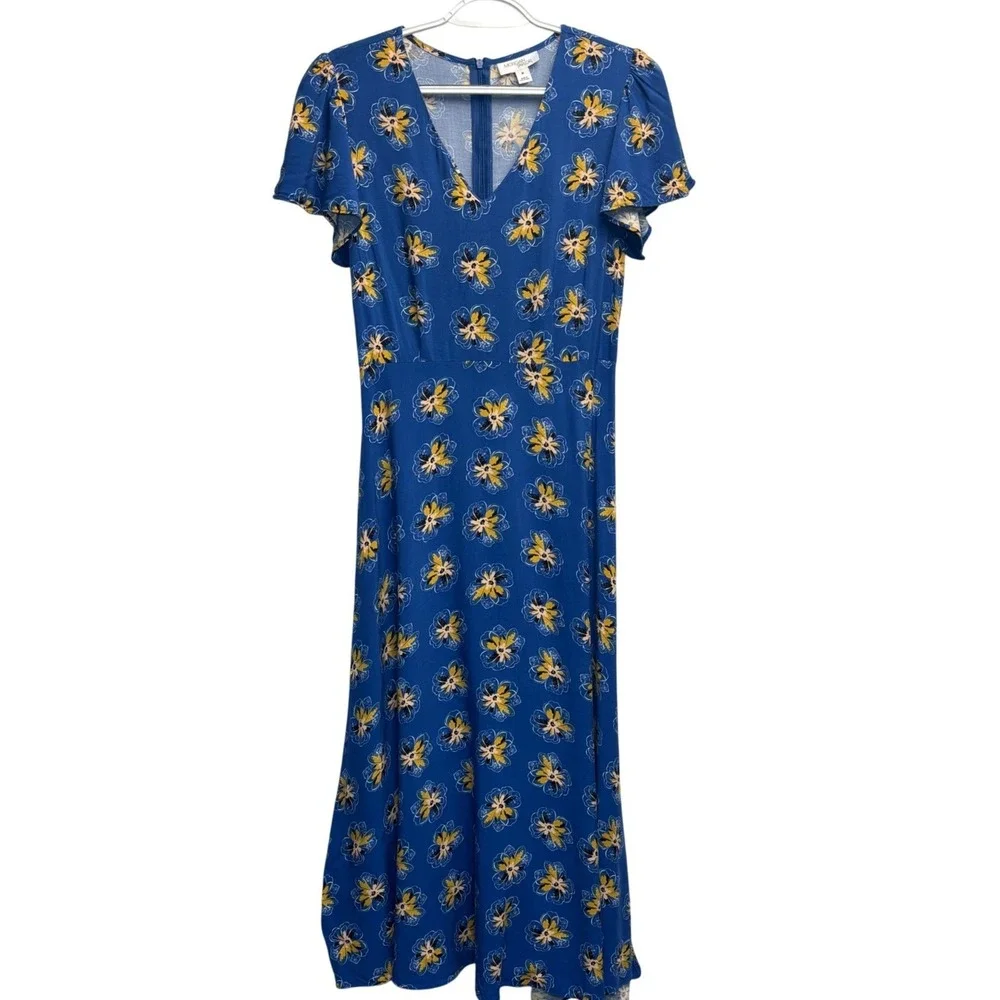 Floral Flutter Sleeve Dress Cottagecore Prairie Blue Rayon Spring Summer Flowy M